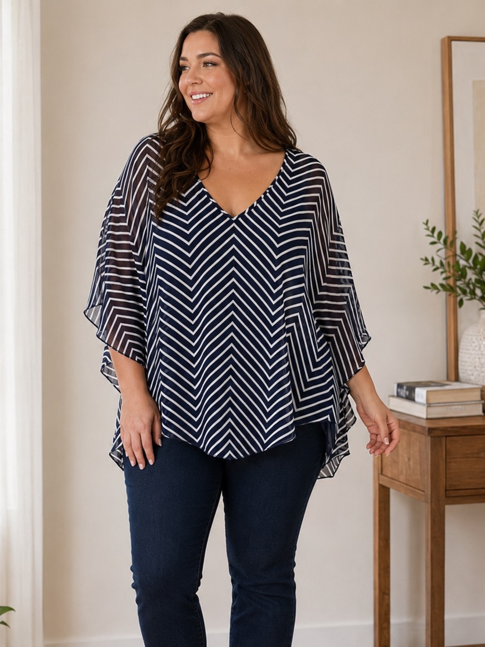 Atelier 29 2X Sheer Poncho Blouse Navy White Chevron Boho Coastal Chic Top